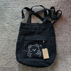 Black Canvas Tote Bag with Bear Design